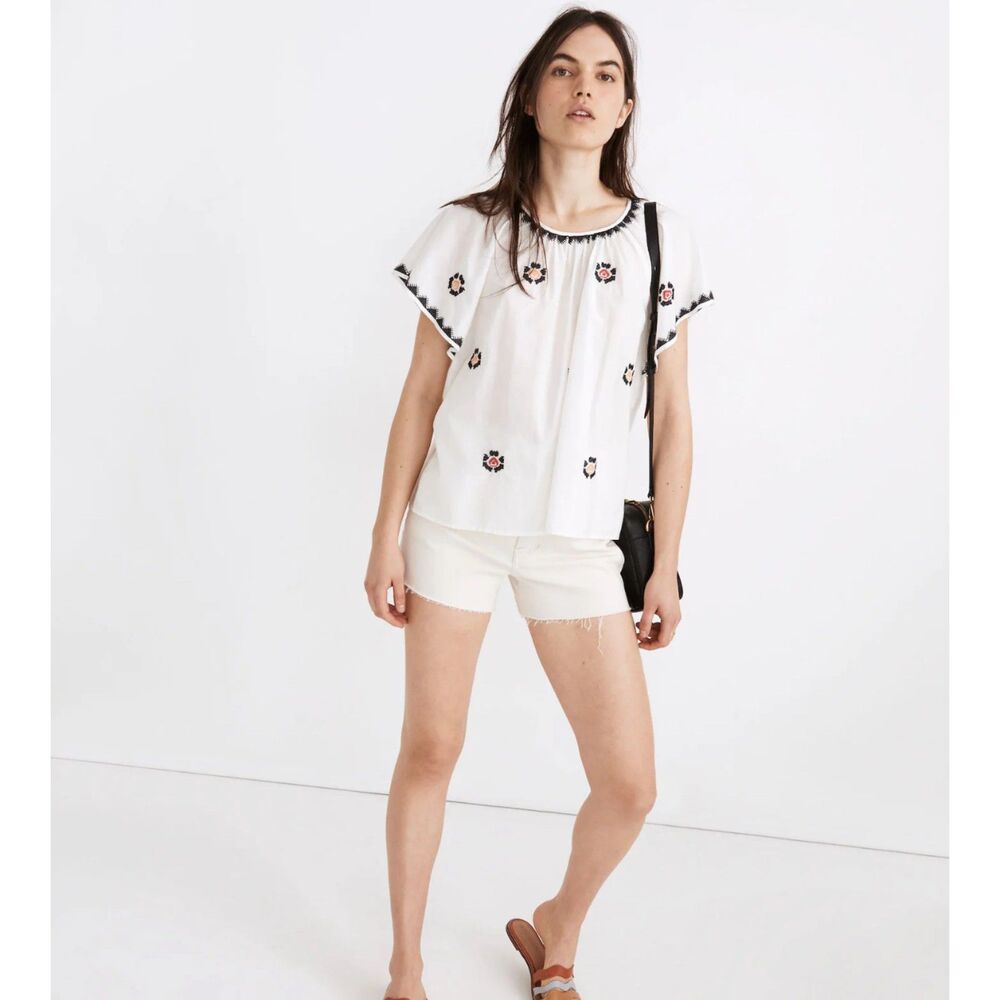 MADEWELL White Embroidered Floral Flutter Sleeve Top Boho Blouse Womens Small
